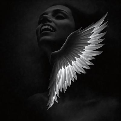 The primary subject of the image is a woman with a large white angel wing on her back. The setting is a dark background, which contrasts with the white wing. The visual style is a combination of a photo and digital art, creating a unique and artistic representation of the woman with the angel wing. The colors and mood of the image are predominantly dark, with the white wing being the main focal point and creating a sense of mystery and intrigue.